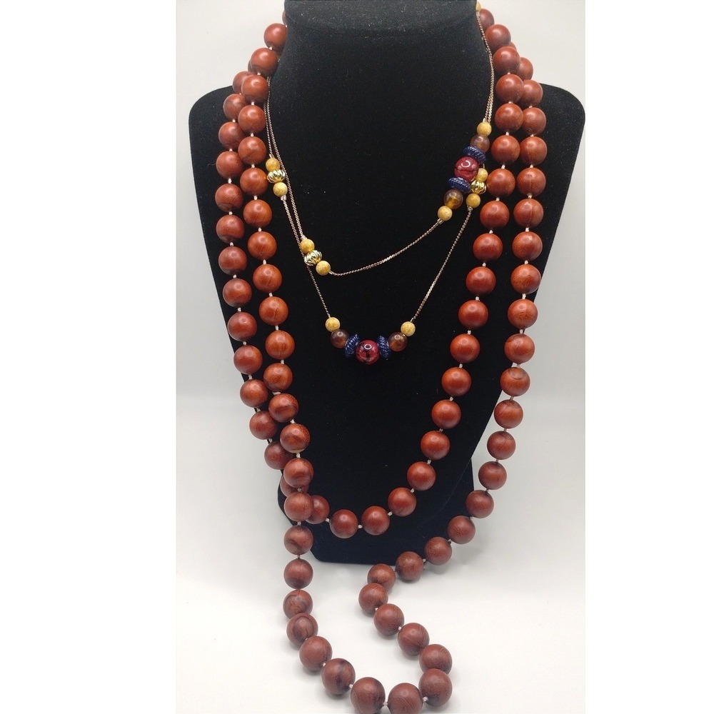 Vintage Boho Long Red Brown Wood Bead & Layered Necklace Gold Accents 2p